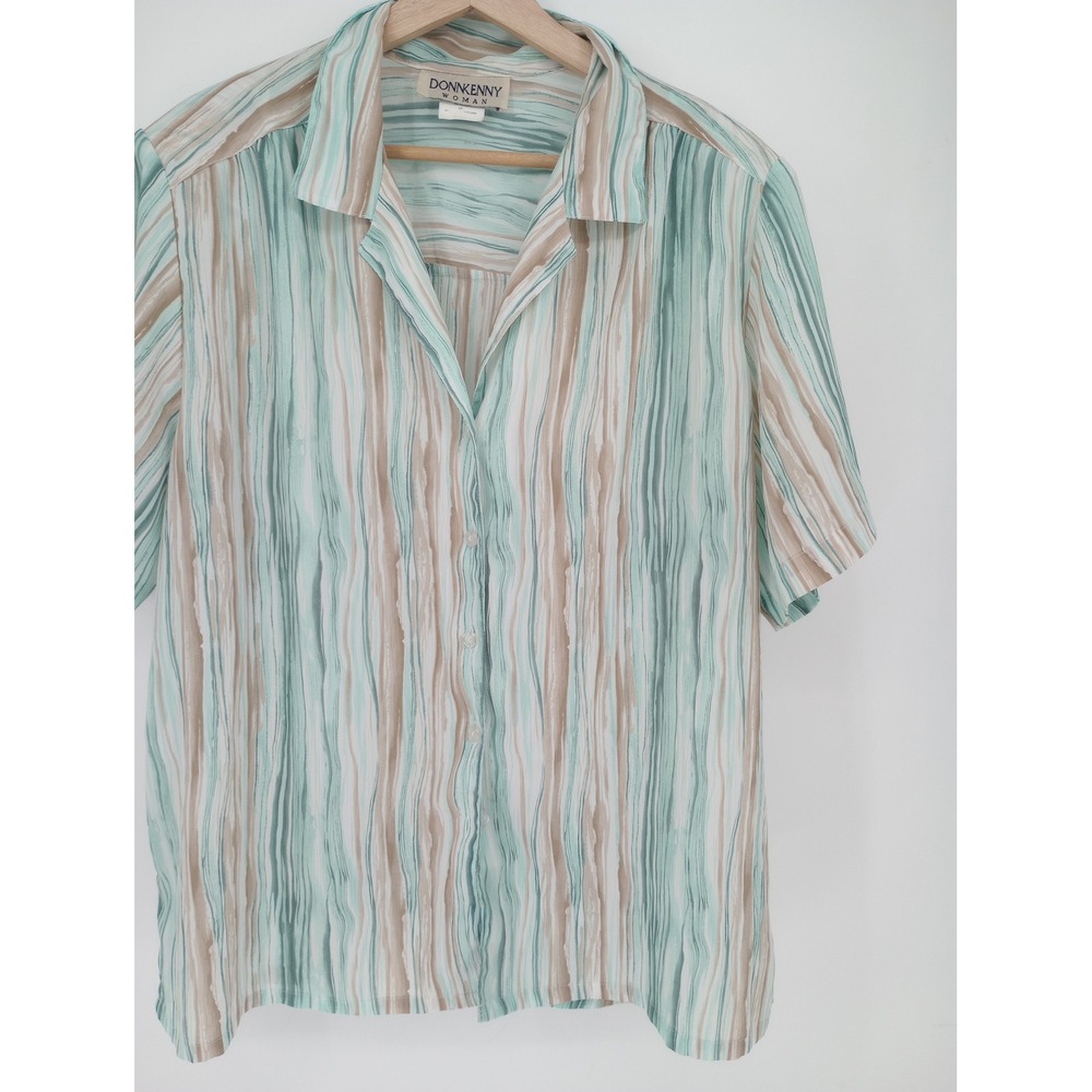 Donnkenny Woman Button Up Shirt Womens 2X Blue Tan Abstract Stripe Short Sleeve